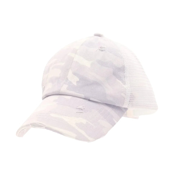 CC Kids White Distressed Camouflage Criss Cross High Pony Hat