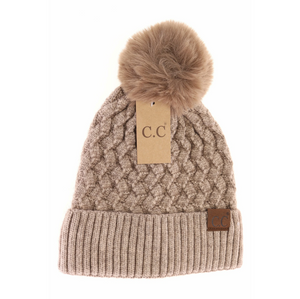 Stocking Hat - CC Taupe Woven Cable Knit Cuffed Matching Fur Pom 3861