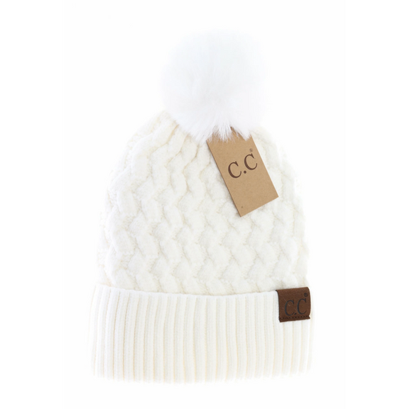 Stocking Hat - CC White Woven Cable Knit Cuffed Matching Fur Pom 3861