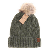 Stocking Hat - CC Olive Chunky Braided Cable Knit Fur Pom 7384