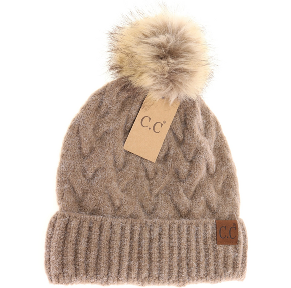 Stocking Hat - CC Taupe Chunky Braided Cable Knit Fur Pom 7384