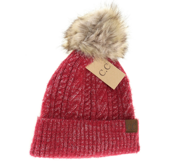 Stocking Hat - CC Crimson Soft Cuff Cable Knit Fur Pom 2087