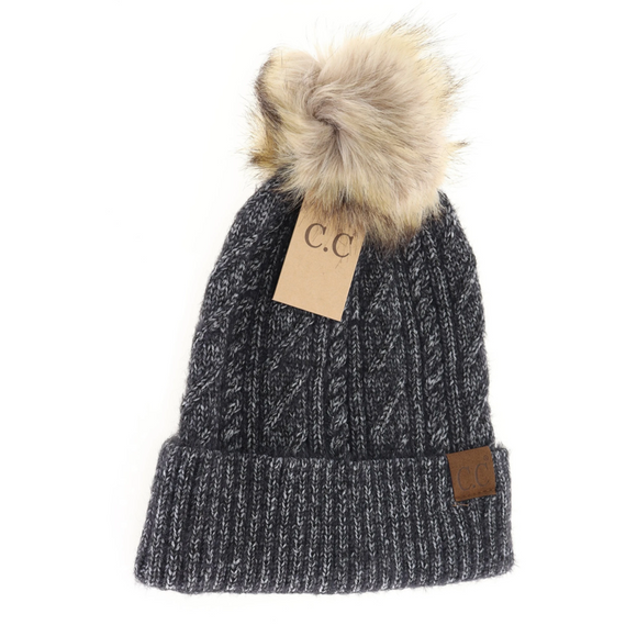 Stocking Hat - CC Black Soft Cuff Cable Knit Fur Pom 2087