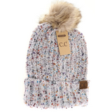 Stocking Hat - CC Ivory Confetti Mohair Ribbed Fur Pom 2078