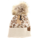 Stocking Hat - CC Beige Leopard Pattern Fur Pom 2091