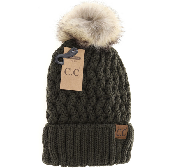 Stocking Hat - CC Moss Solid Lattice Stitch Fur Pom 826