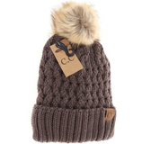 Stocking Hat - CC Earth Grey Solid Lattice Stitch Fur Pom 826