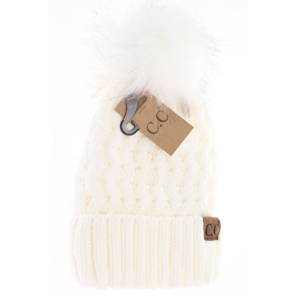 Stocking Hat - CC Ivory Solid Lattice Stitch Fur Pom 826