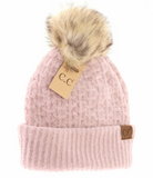 Stocking Hat - CC Dusty Rose Solid Smocked Stitch Fur Pom 2080
