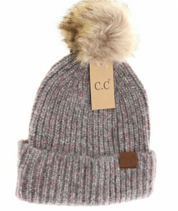 Stocking Hat - CC Dark Grey Multi Soft Ribbed Fur Pom 2074