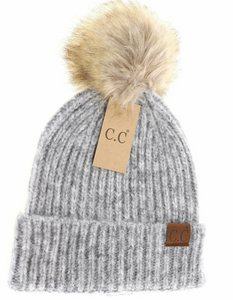 Stocking Hat - CC Melange Grey Multi Soft Ribbed Fur Pom 2074