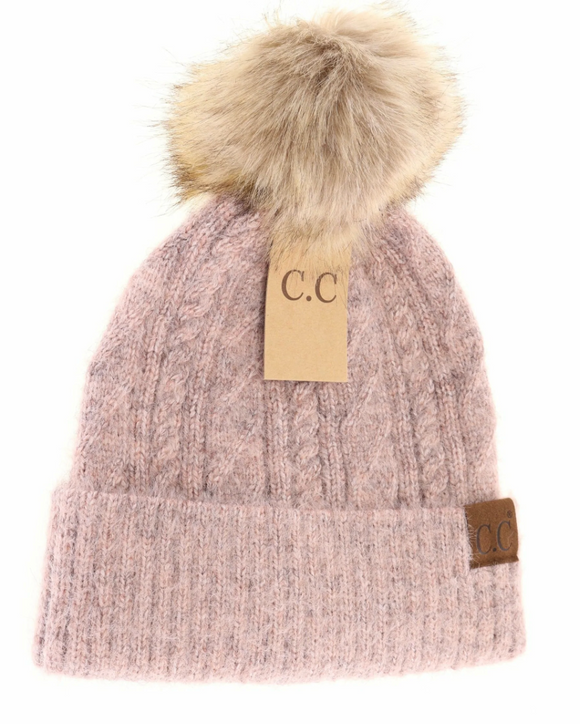 Stocking Hat - CC Rose Soft Cuff Cable Knit Fur Pom 2087