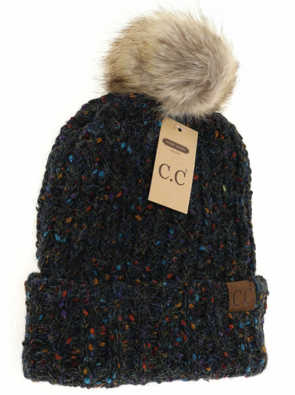 Stocking Hat - CC Black Confetti Mohair Ribbed Fur Pom 2078