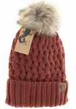 Stocking Hat - CC Brick Solid Lattice Stitch Fur Pom 826