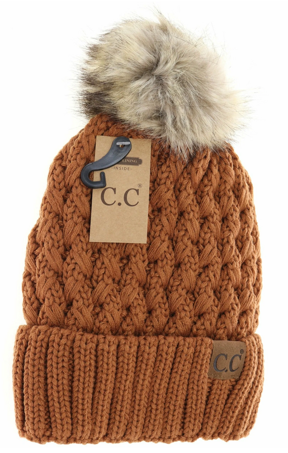 Stocking Hat - CC Clay Solid Lattice Stitch Fur Pom 826