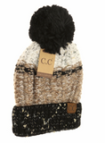 Stocking Hat - CC Black/Taupe Fuzzy Lined Flecked Multi Color Pom 2214