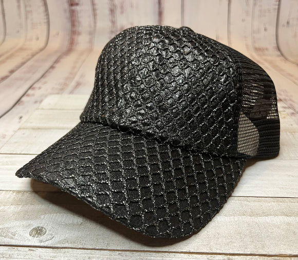 CC Black Glittered Net Criss-Cross High Ponytail Hat