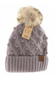 Stocking Hat - CC Kids City Grey Bobble Knit Faux Fur Pom 3836