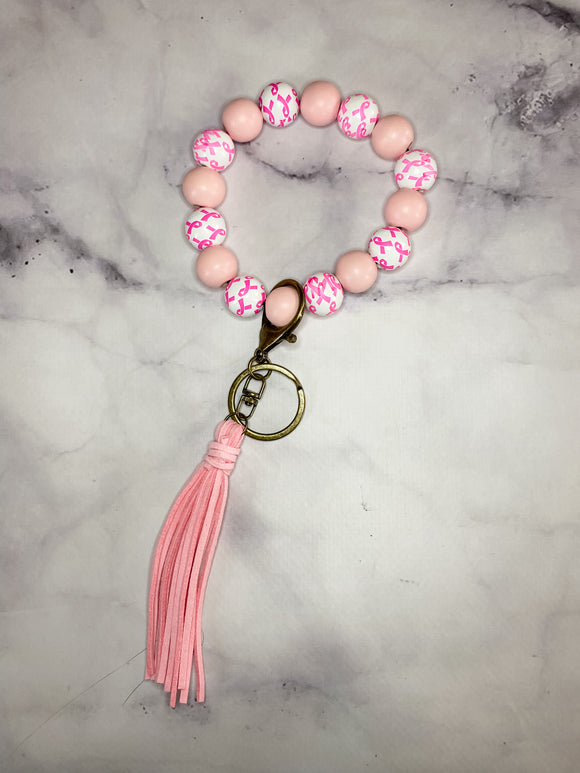 Beaded Wristlet with Charm - Breast Cancer Ribbon