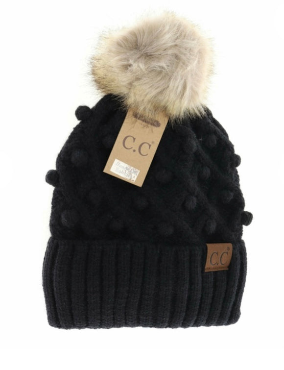 Stocking Hat - CC Kids Black Bobble Knit Faux Fur Pom 3836